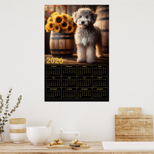 Fluffy Goldendoodle met zonnebloemen – 2026 Rustic Poster (Keuken)