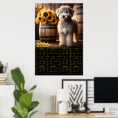 Fluffy Goldendoodle met zonnebloemen – 2026 Rustic Poster (Thuiskantoor)