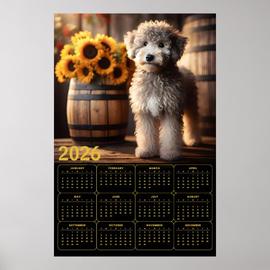 Fluffy Goldendoodle with Sunflowers – 2026 Rustic  Poster (Voorkant)