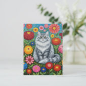 Fluffy Gray Striped Cat with Folk Art Flowers Briefkaart (Staand voorkant)
