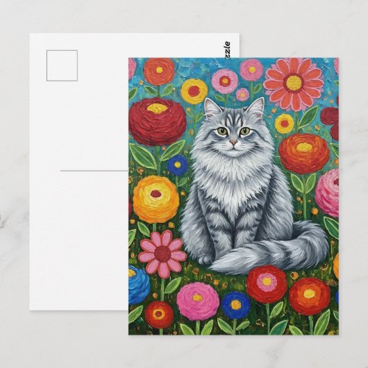 Fluffy Gray Striped Cat with Folk Art Flowers Briefkaart (Voorkant / Achterkant)