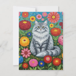 Fluffy Gray Striped Cat with Folk Art Flowers Briefkaart