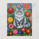 Fluffy Gray Striped Cat with Folk Art Flowers Briefkaart (Voorkant)