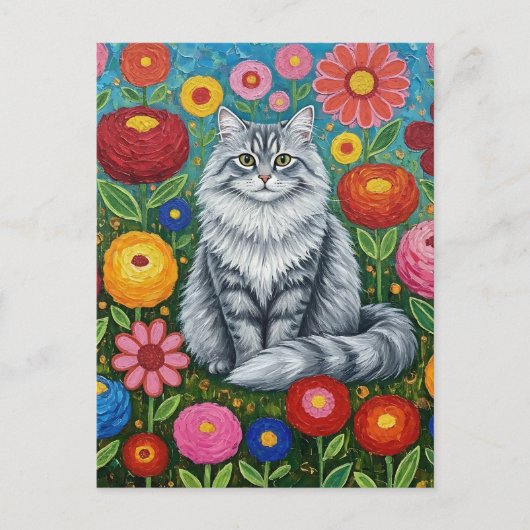 Fluffy Gray Striped Cat with Folk Art Flowers Briefkaart (Voorkant)