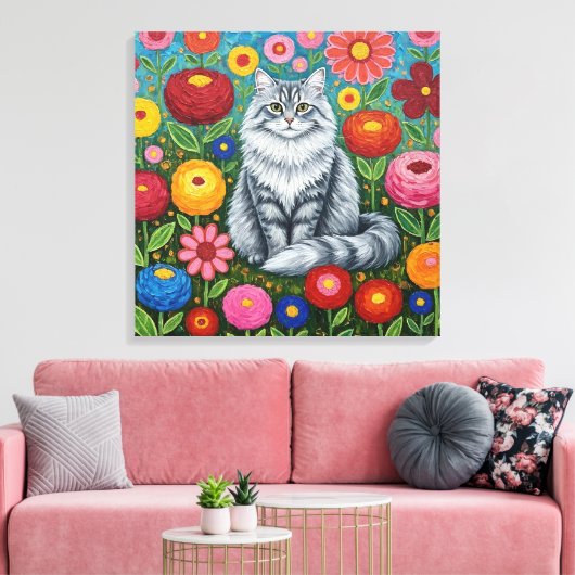 Fluffy Gray Striped Cat with Folk Art Flowers Canvas Afdruk (Insitu (Woonkamer))