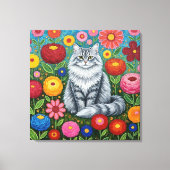 Fluffy Gray Striped Cat with Folk Art Flowers Canvas Afdruk (Voorkant)