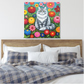 Fluffy Gray Striped Cat with Folk Art Flowers Canvas Afdruk (Insitu (Slaapkamer))