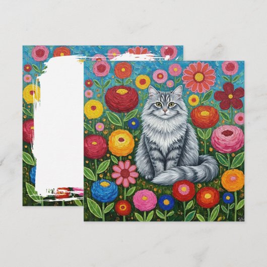 Fluffy Gray Striped Cat with Folk Art Flowers Kaart (Voorkant / Achterkant)