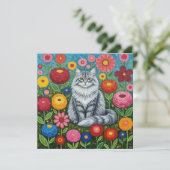 Fluffy Gray Striped Cat with Folk Art Flowers Kaart (Staand voorkant)