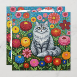 Fluffy Gray Striped Cat with Folk Art Flowers Kaart