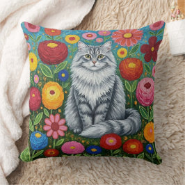 Fluffy Gray Striped Cat with Folk Art Flowers Kussen