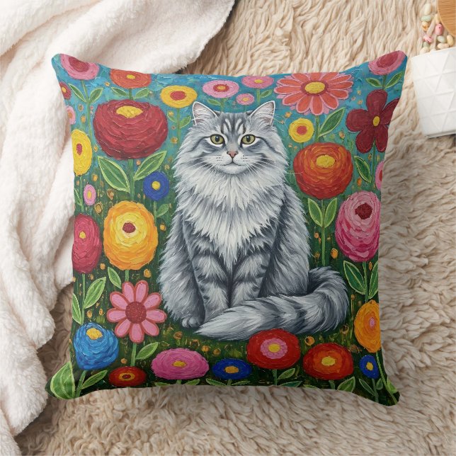 Fluffy Gray Striped Cat with Folk Art Flowers Kussen (Deken)