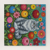 Fluffy Gray Striped Cat with Folk Art Flowers Legpuzzel (Horizontaal)
