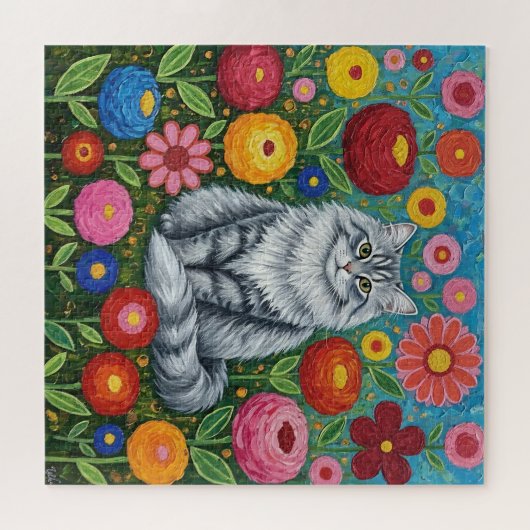 Fluffy Gray Striped Cat with Folk Art Flowers Legpuzzel (Horizontaal)