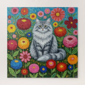 Fluffy Gray Striped Cat with Folk Art Flowers Legpuzzel (Verticaal)