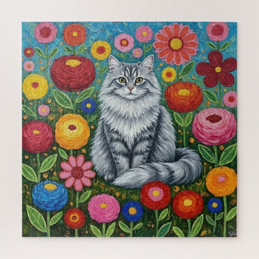 Fluffy Gray Striped Cat with Folk Art Flowers Legpuzzel (Verticaal)