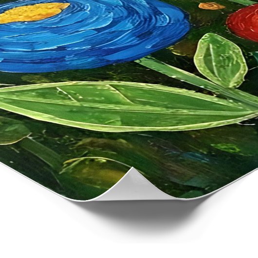 Fluffy Gray Striped Cat with Folk Art Flowers Poster (Hoek)