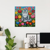 Fluffy Gray Striped Cat with Folk Art Flowers Poster (Thuiskantoor)