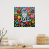 Fluffy Gray Striped Cat with Folk Art Flowers Poster (Keuken)