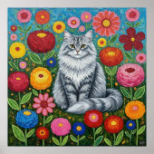 Fluffy Gray Striped Cat with Folk Art Flowers Poster (Voorkant)
