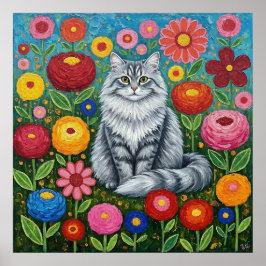 Fluffy Gray Striped Cat with Folk Art Flowers Poster