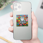 Fluffy Gray Striped Cat with Folk Art Flowers Sticker (Telefoon)