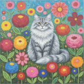 Fluffy Gray Striped Cat with Folk Art Flowers Sticker (Voorkant)