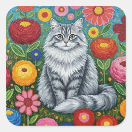 Fluffy Gray Striped Cat with Folk Art Flowers Vierkante Sticker