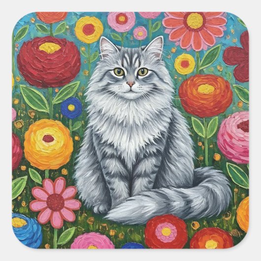 Fluffy Gray Striped Cat with Folk Art Flowers Vierkante Sticker (Voorkant)