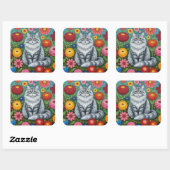Fluffy Gray Striped Cat with Folk Art Flowers Vierkante Sticker (Vel)