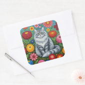 Fluffy Gray Striped Cat with Folk Art Flowers Vierkante Sticker (Envelop)
