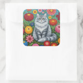 Fluffy Gray Striped Cat with Folk Art Flowers Vierkante Sticker (Tas)