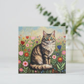 Fluffy Gray Tabby Cat and Folk Art Flowers (Staand voorkant)