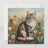 Fluffy Gray Tabby Cat and Folk Art Flowers (Voorkant)