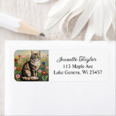 Fluffy Gray Tabby Cat and Folk Art Flowers Etiket (Insitu)