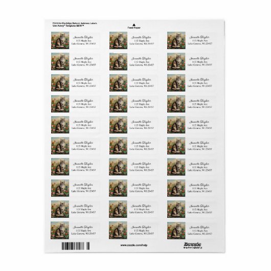 Fluffy Gray Tabby Cat and Folk Art Flowers Etiket (Full Sheet)