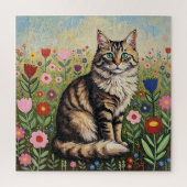 Fluffy Gray Tabby Cat and Folk Art Flowers Legpuzzel (Verticaal)