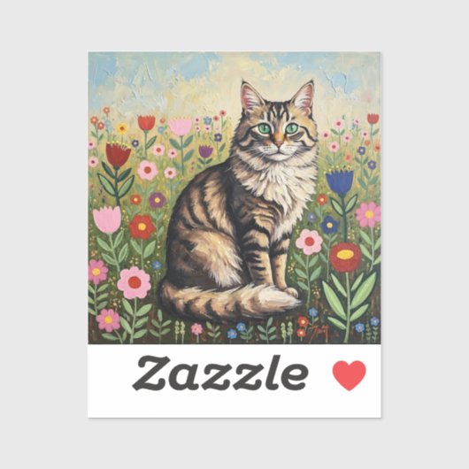 Fluffy Gray Tabby Cat and Folk Art Flowers Sticker (Vel)