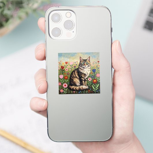 Fluffy Gray Tabby Cat and Folk Art Flowers Sticker (Telefoon)
