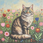 Fluffy Gray Tabby Cat and Folk Art Flowers Sticker (Voorkant)