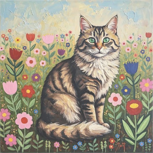 Fluffy Gray Tabby Cat and Folk Art Flowers Sticker (Voorkant)