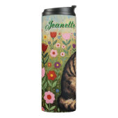 Fluffy Gray Tabby Cat and Folk Art Flowers Thermosbeker (Gedraaid links)