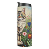 Fluffy Gray Tabby Cat and Folk Art Flowers Thermosbeker (Geroteerd rechts)