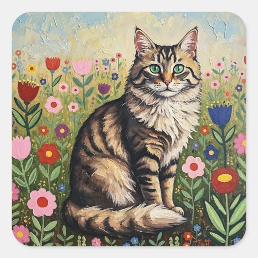 Fluffy Gray Tabby Cat and Folk Art Flowers Vierkante Sticker (Voorkant)