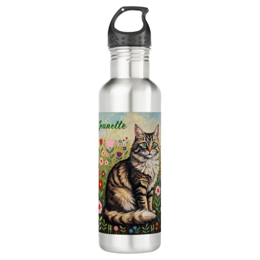 Fluffy Gray Tabby Cat and Folk Art Flowers Waterfles (Voorkant)