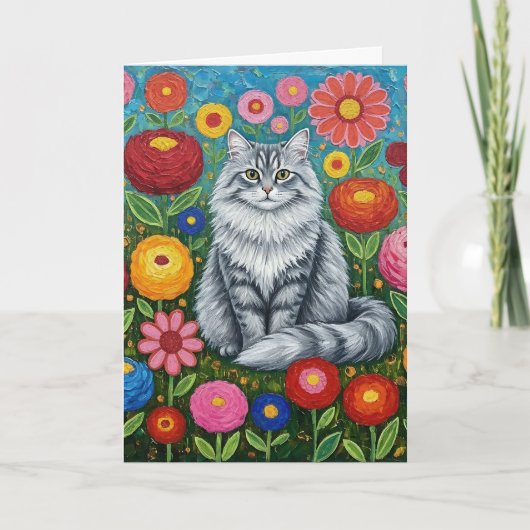 Fluffy Grey Gestreepte Kat met Folk Art Bloemen Kaart (Voorkant)