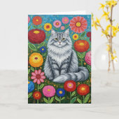 Fluffy Grey Gestreepte Kat met Folk Art Bloemen Kaart (Gele Bloem)