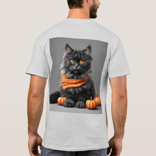 Fluffy Grey Halloween Cat Ash T-shirt (Achterkant)