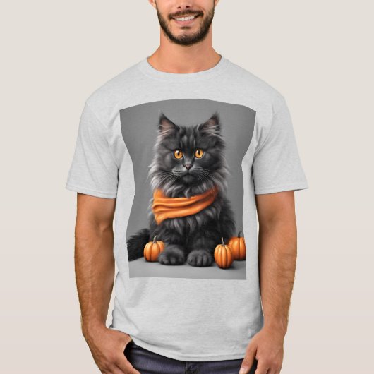 Fluffy Grey Halloween Cat Ash T-shirt (Voorkant)