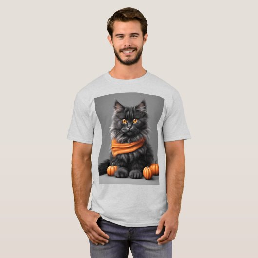 Fluffy Grey Halloween Cat Ash T-shirt (Voorkant volledig)